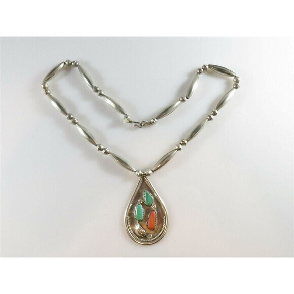 Tsethlikai Jo. Zuni Sterling Silver Coral Turquoise Bench Made Sterling Necklace - Picture 1 of 10
